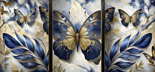 panel wall art, marble background with flowers designs and butterfly silhouette, wall decoration