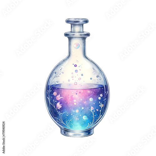 A glass bottle with a blue liquid inside