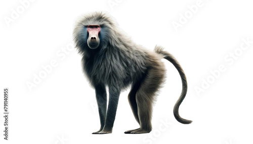 A monkey with a pink nose stands on a white background photo