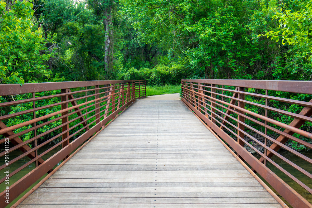 Fototapeta premium A rustic wooden bridge, adorned with rust-colored railings, beckons entry into a wooded forest sanctuary adorned with thick foliage.