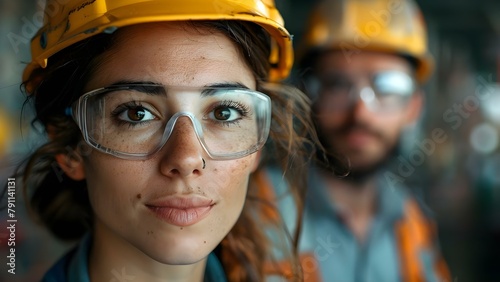 Female engineer leads male worker at construction site defying gender norms in STEM. Concept Gender Equality, Construction Industry, STEM Field, Female Leadership, Breaking Stereotypes
