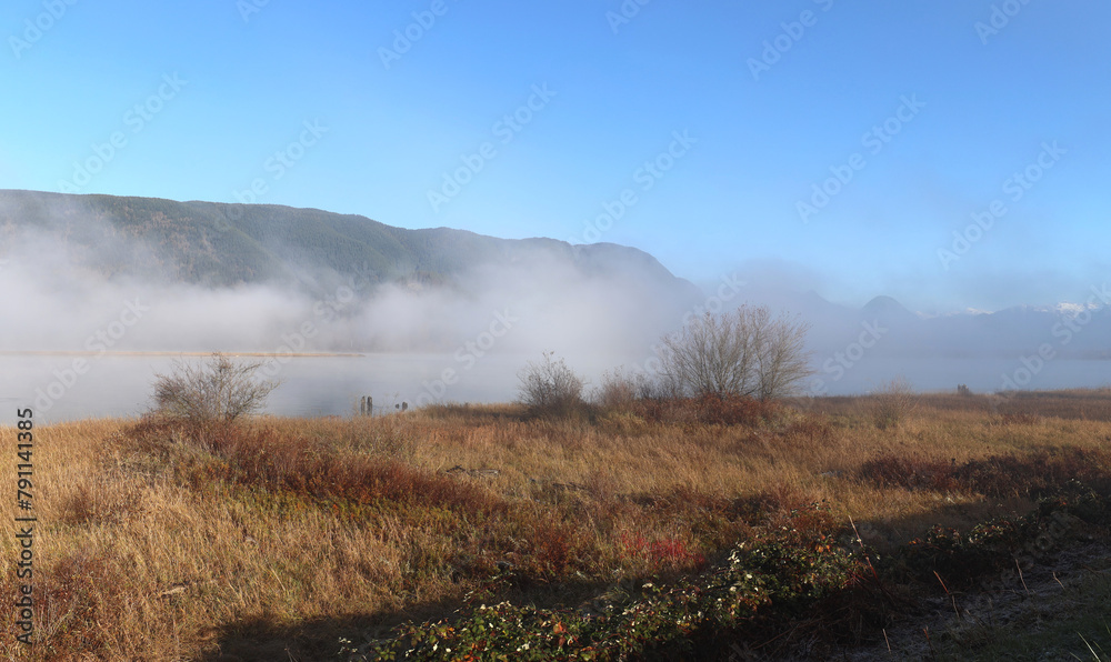 Morning fog hanging above mountain river