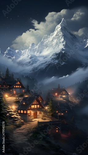 Foggy winter night in the village. Panoramic image. © Iman
