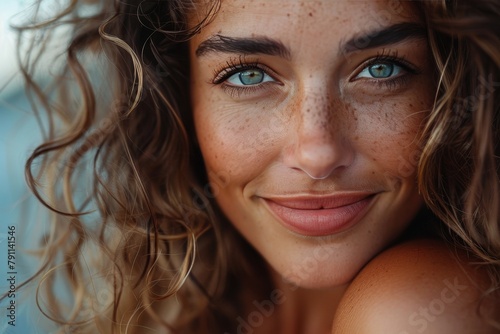 Highly detailed close-up of a smiling woman with striking turquoise eyes and freckles photo