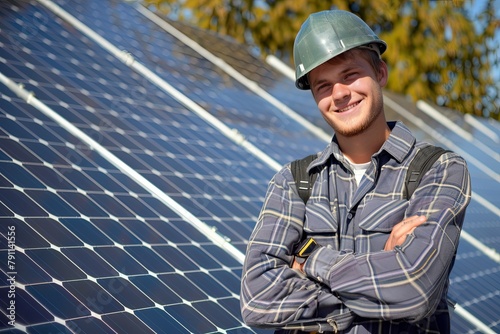 Solar panels with technician. Young technician smiling and installing solar panels on factory roof  © sofian