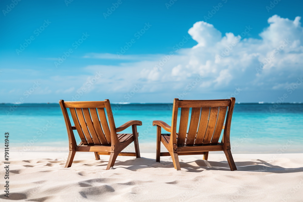 A pair of wooden chairs facing the tranquil blue sea on a clear day, inviting relaxation on the soft white sand - Generative AI