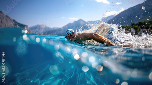 A man swims gracefully in the ocean, with towering mountains in the background under a clear blue sky