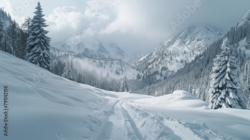 Snow Accumulation in Snow Covered Mountains on a Snowy Day © 2rogan