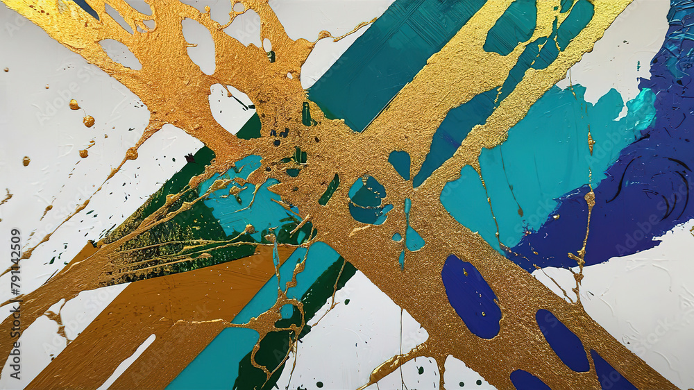 Fototapeta premium An abstract background with turquoise, gold and blue dplashes