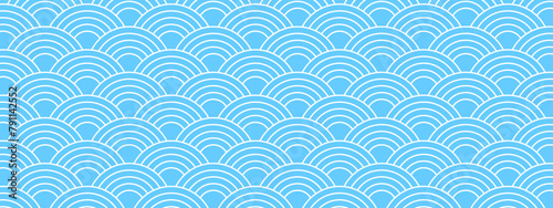 Traditional Japanese seigaiha pattern. Sea or ocean waves background. Scallops print. Fish squama or dragon scale. Simple geometric ornament with blue and white curves. Vector graphic illustration.