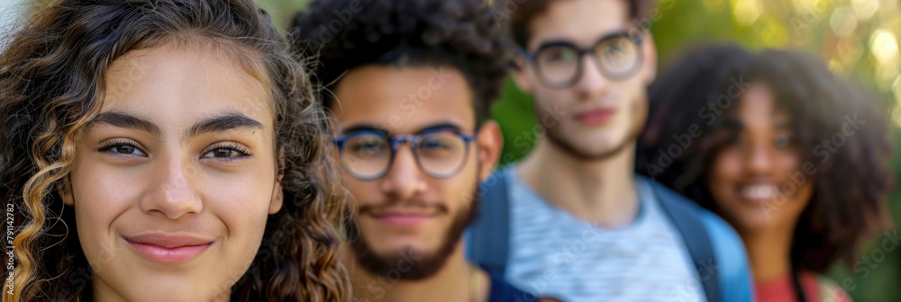 A diverse group of individuals standing closely together in a row, facing the camera A diverse group of individuals standing closely together in a row, facing the camera