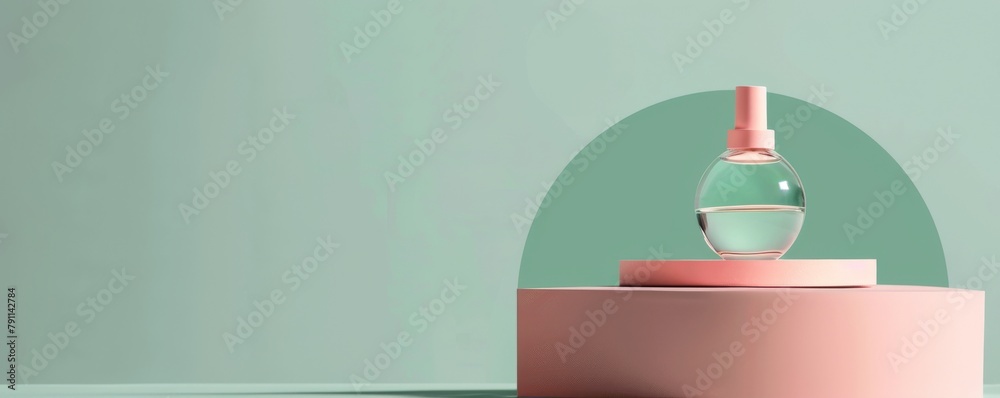 Elegant perfume bottle on a soft rose pink podium with minimalist design Elegant perfume bottle on a soft rose pink podium with minimalist design
