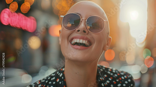 A bald woman confidently wears sunglasses, showing her unique style and self-assurance photo