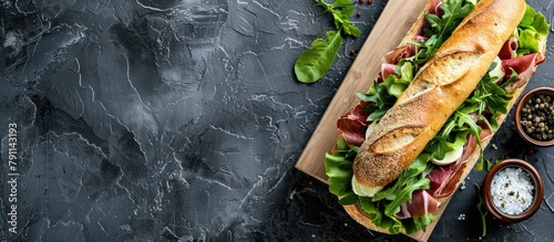 Top view of a ciabatta sandwich with romaine salad, prosciutto, and mozzarella cheese on a stone background, featuring copy space.