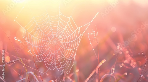 Morning dew on a spider web at sunrise, nature's intricate artwork highlighted in warm light