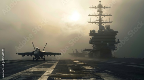 Military aircraft carrier ship with a fighter jet