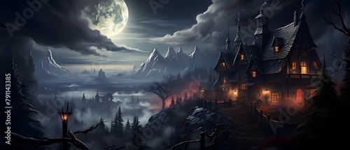 Fantasy landscape with old wooden house in the forest at night in full moon light © Iman