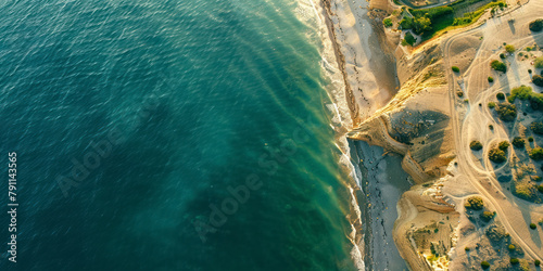 Beautiful sea coast on sunny summer day. , top down aerial view.