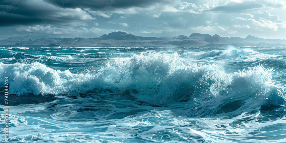 Incredible foamy sea waves. Volcanic hills in the background. Incredible foamy sea waves. Volcanic hills in the background.