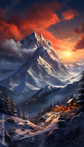 Beautiful winter landscape with snow covered mountain peaks at sunset. Digital painting.