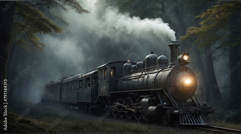 Fototapeta premium Old Steam Train Passing Dark Creepy Forest