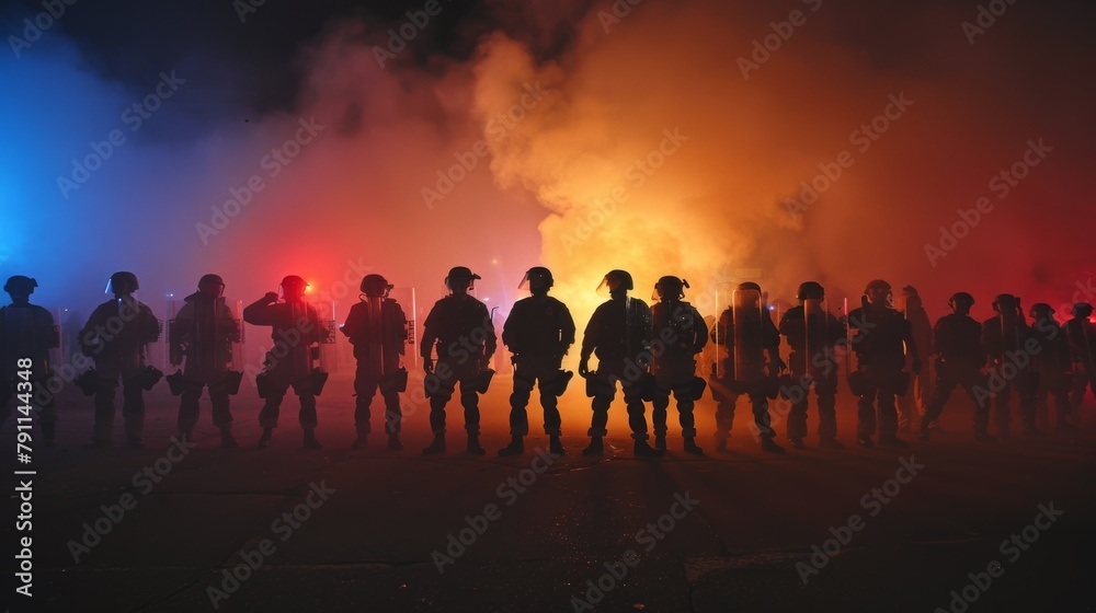 A line of officers from different agencies stand shoulder to shoulder forming a unified front against a group of rioters throwing objects. . A line of officers from different agencies stand shoulder to shoulder forming a unified front against a group of rioters throwing objects. .