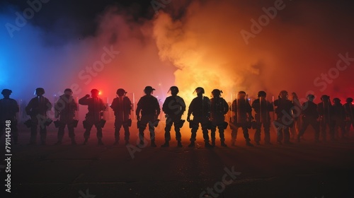 A line of officers from different agencies stand shoulder to shoulder forming a unified front against a group of rioters throwing objects. . photo