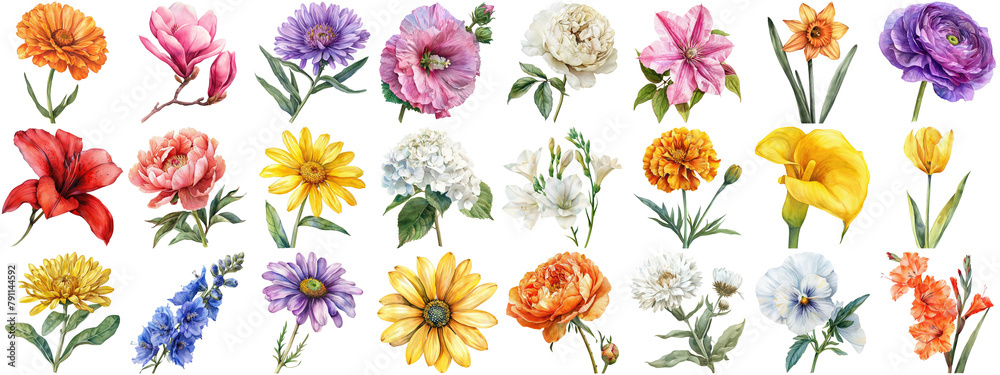Watercolor flower set isolated background. Various floral collection of nature blooming flower clip art illustration element for retro flora wedding or romantic valentine card. crisp edges cut out.