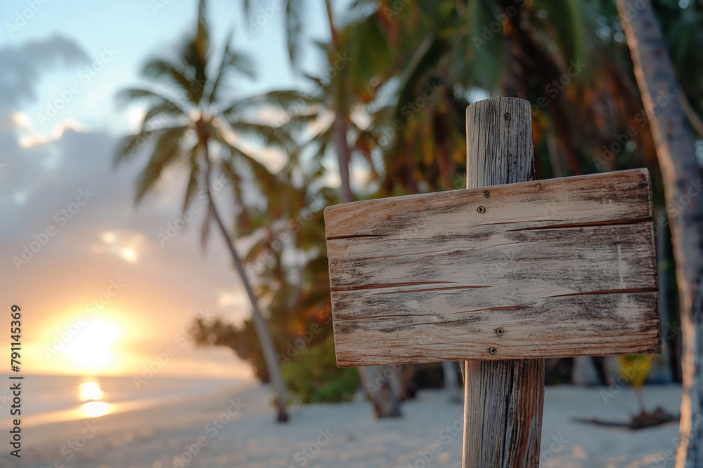 Fototapeta premium wooden plaque with a place for an inscription on an exotic beach with palm trees for a boho style wedding, generative AI