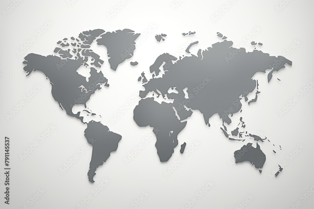 A grey and white illustration of a world map is prominently displayed on a white wall. Generative AI A grey and white illustration of a world map is prominently displayed on a white wall. Generative AI