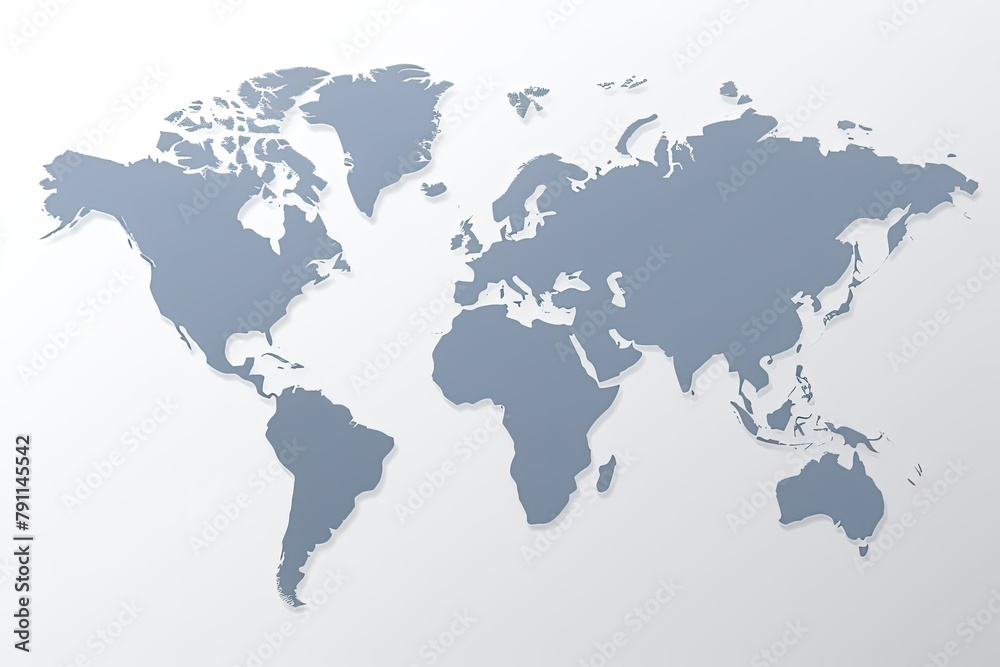 A detailed map of the world depicted on a white background, showcasing continents, countries, and oceans in grey and white colors. Generative AI A detailed map of the world depicted on a white background, showcasing continents, countries, and oceans in grey and white colors. Generative AI