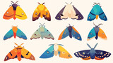 Collection of bright colored cartoon moths of diffe