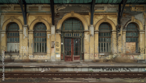 Abandoned eastern european railway station platform. Generative AI