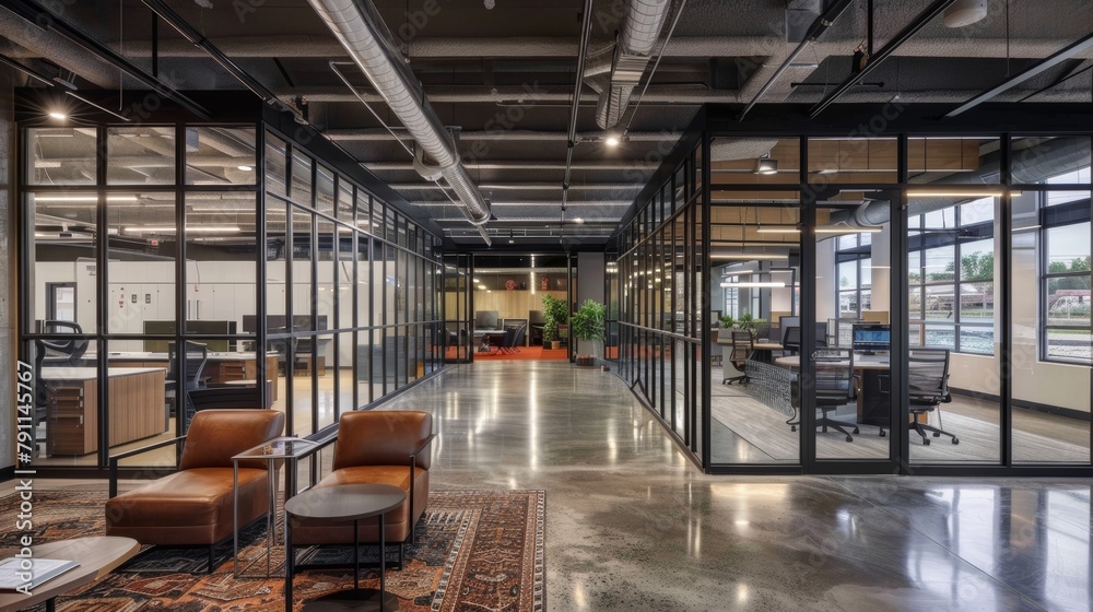 Fototapeta premium Corporate office with glass walls and steel beams AI generated illustration