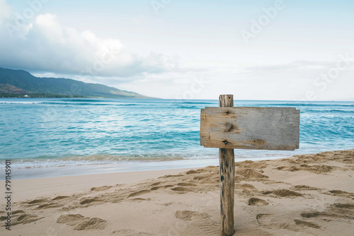 wooden plaque with a place for an inscription on an exotic beach with palm trees for a boho style wedding, generative AI