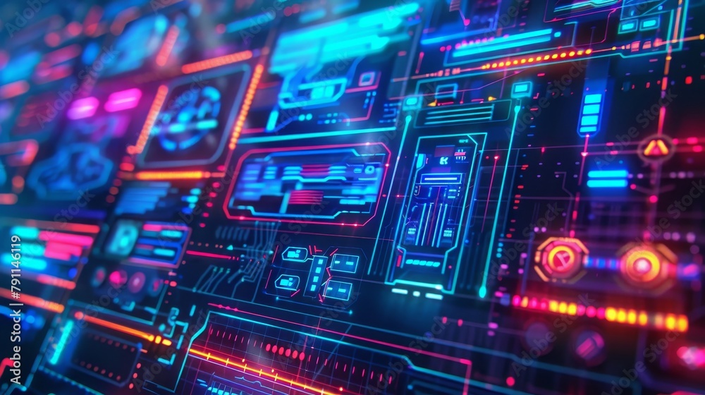Detail of a cyberpunk neon colored holographic interface AI generated ...