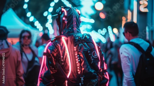 Detail of a cyberpunk neon colored street performer attracting crowd  AI generated illustration photo