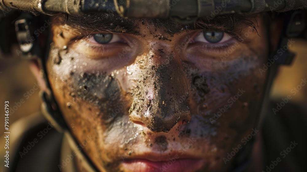 Fototapeta premium Grim determination on a soldiers face AI generated illustration