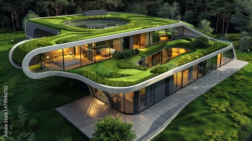 Futuristic house plan with green roof technology AI generated illustration