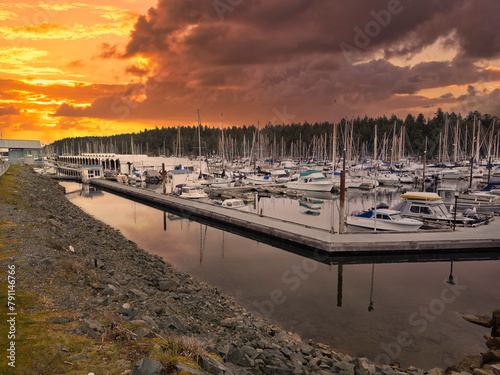 A sunset view of Townsite Marina and Newcastle Island Nanaimo, Vancouver Island, British Colombia, Canada photo
