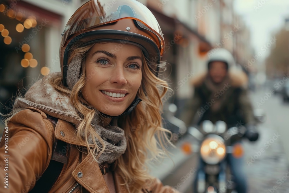 A smiling woman in a motorcycle helmet enjoying a ride in an urban setting