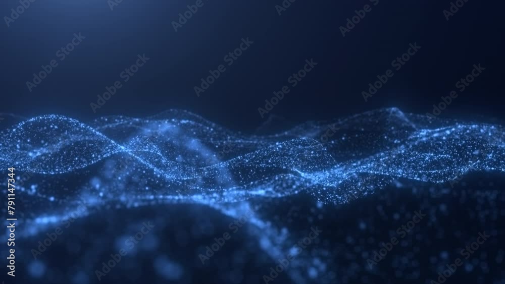Abstract flowing smooth particles waves background. Digital network. Big data. Seamless loop animation