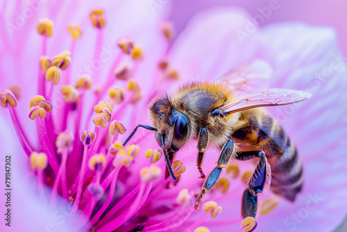 large macro bee on a large colorful flower, generative AI