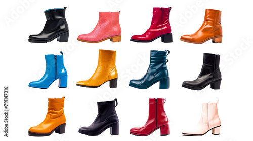 White background cutouts of women ladies short boots collection Set of different styles and colors