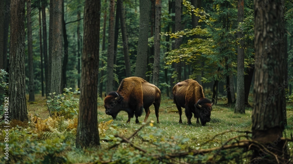 Obraz premium European bison roaming in Bialowieza forest