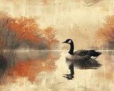goose floating lake trees background ash sepia color brush strokes empty daylight rusty calm feeling thin red deep