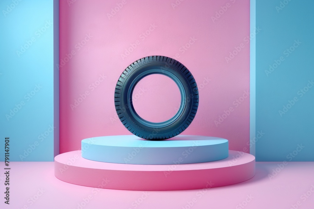 A single tire positioned in the center of a pastel blue circle outlined on a pastel pink floor. A single tire positioned in the center of a pastel blue circle outlined on a pastel pink floor.