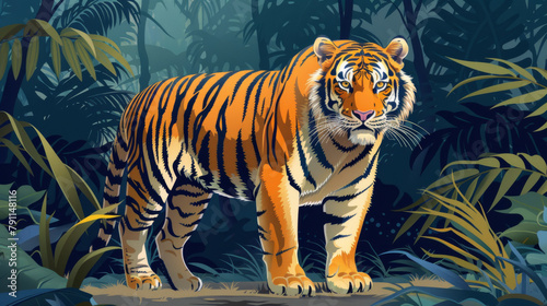 Digital art of a tiger standing alert in a dense, tropical jungle, rich with color and detail. © khonkangrua