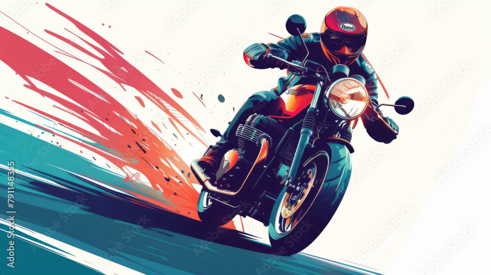 Illustration of a motorcyclist in a helmet riding a vintage bike, with vibrant streaks suggesting speed and motion.