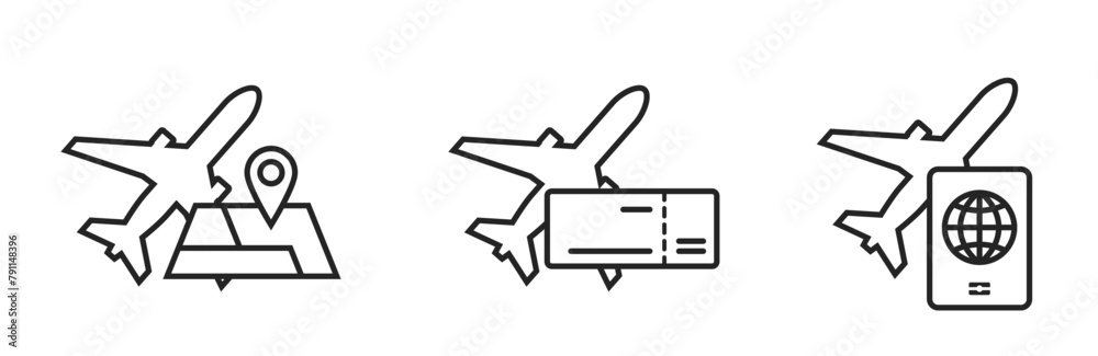 air travel line icons. map, passport, flight ticket and plane. vacation and journey symbols. isolated vector images for tourism design air travel line icons. map, passport, flight ticket and plane. vacation and journey symbols. isolated vector images for tourism design